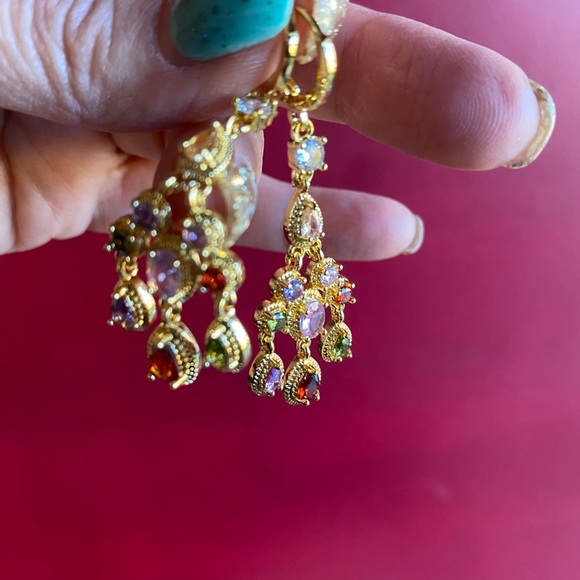 Elegant Gold Plated Multi-Color Cubic Zirconia Drop Earrings - Picture 3 of 5